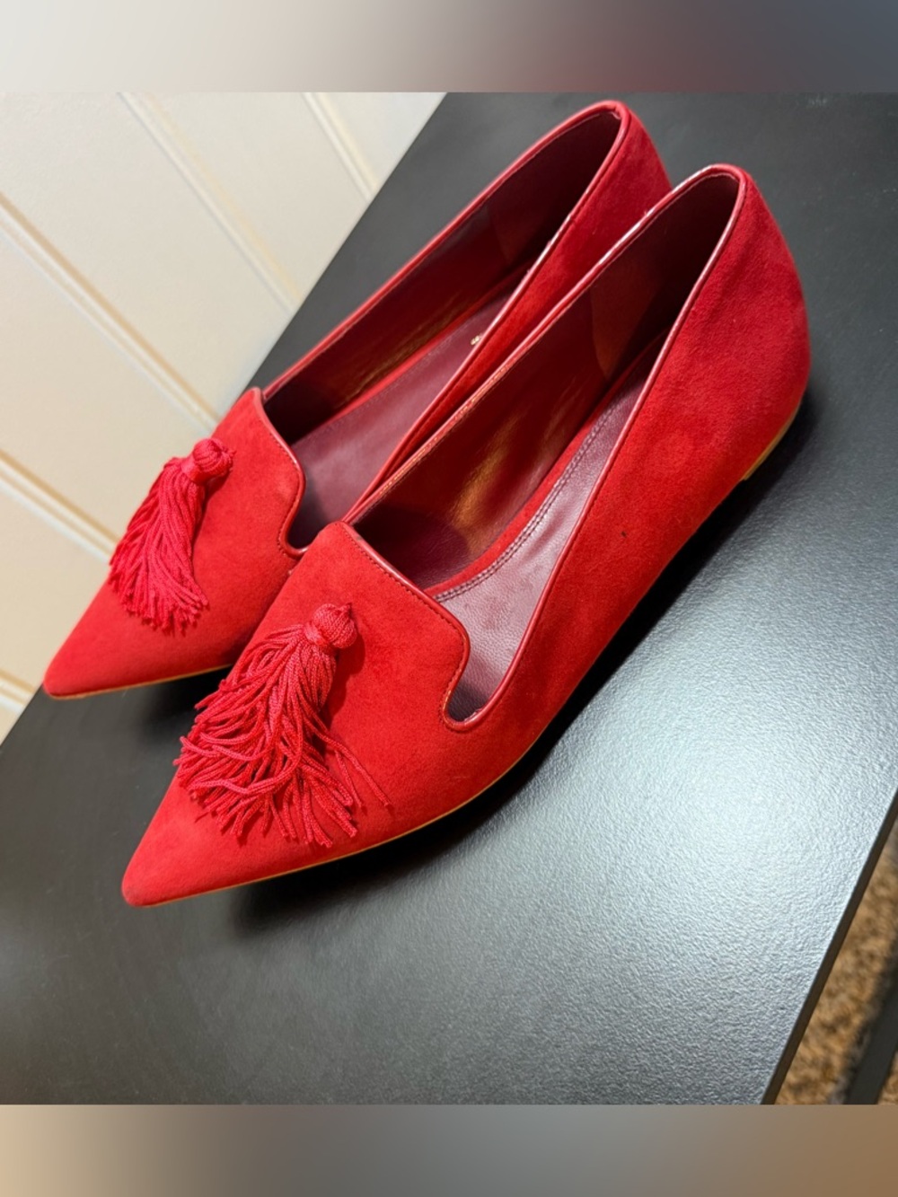Kate Spade Adore Red Kid Suede Tassel Pointed Toe Flats Women’s Size 8.5B - Picture 4 of 9